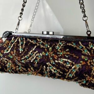 M & W Plum Purple Gold Teal Beaded Sequin Clutch with Crossbody and Handle Chain